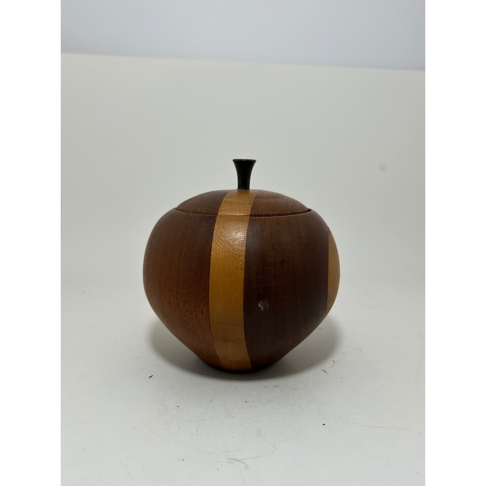 Vintage MCM Hand Turned Mixed Wood Inlay Apple Jar with Lid Brown Striped - Picture 4 of 8